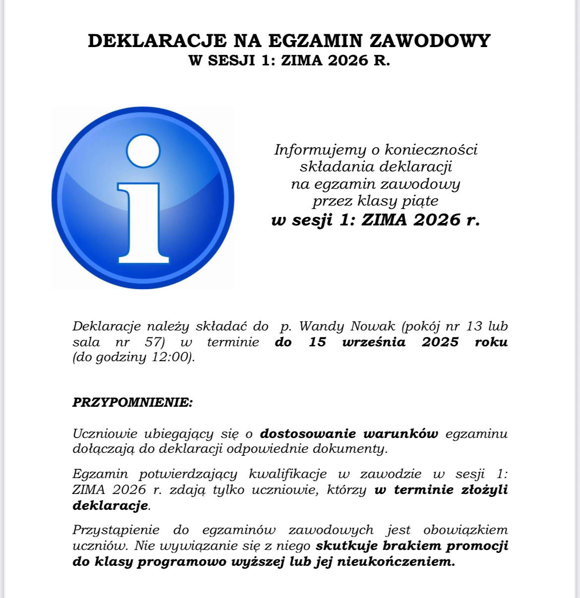 Deklaracje na egzamin zawodowy. Sesja zima 2026